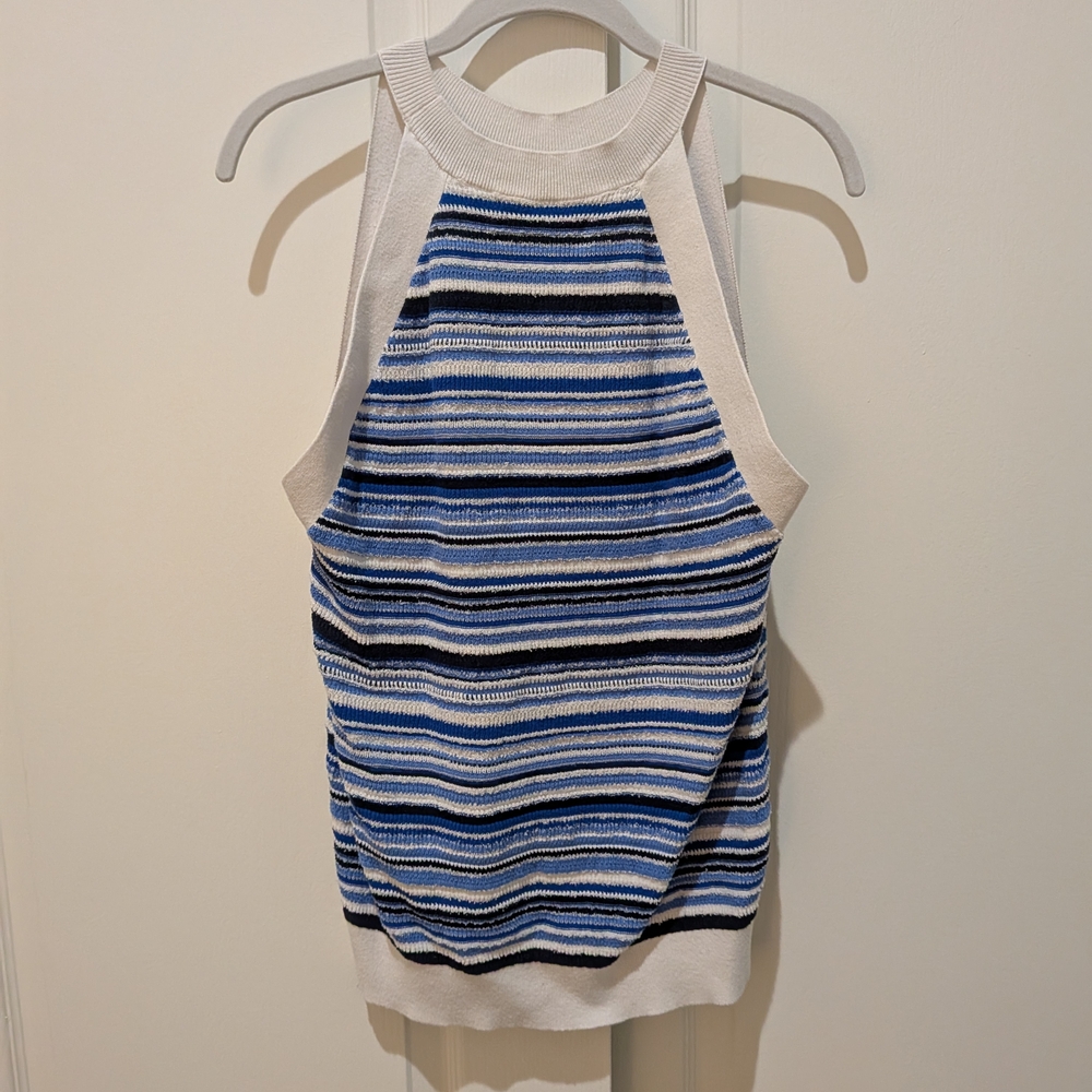 LOFT Knit Striped Tank Top in Blue and White (Size XL)